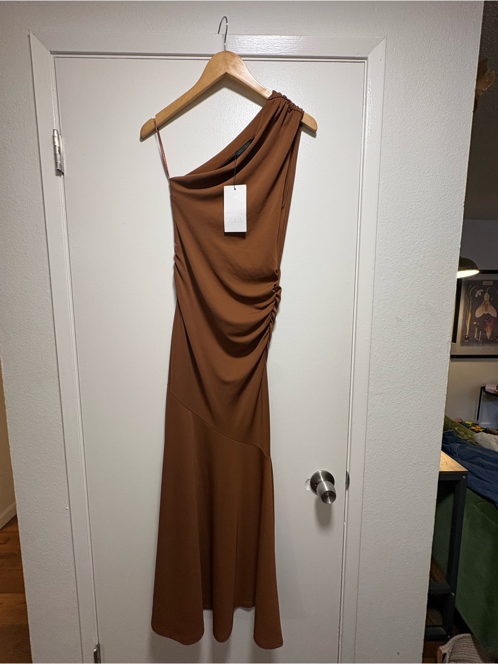 Zara One-Shoulder Ruched Maxi Dress in Brown